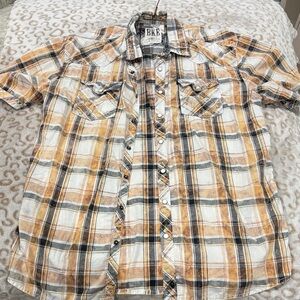 BKE Men's Casual Orange and White Plaid Shirt